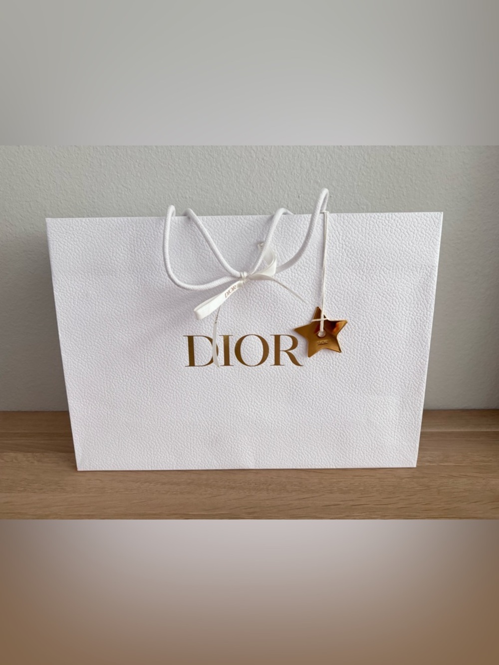 DIOR White Shopping Bag with Gold Star Charm 16” X 14
